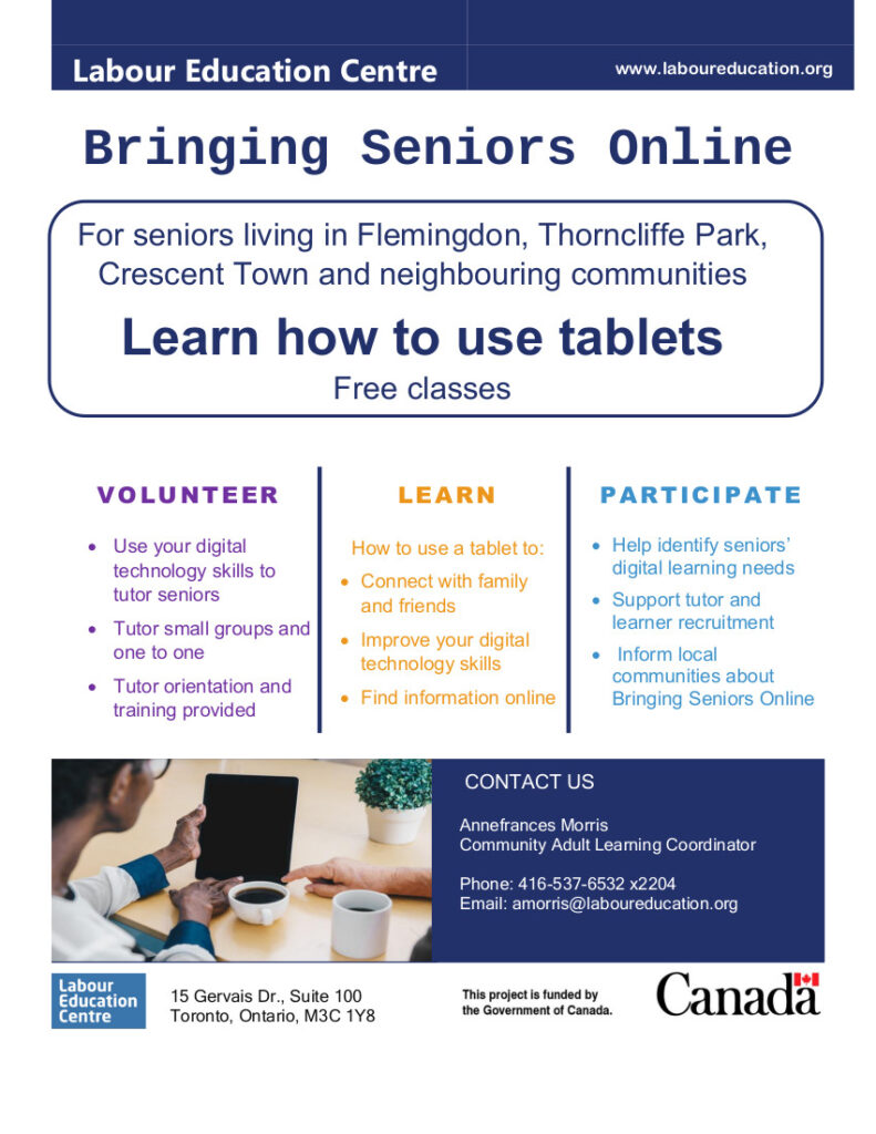 The flyer for Bringing Seniors Online, a new free class from LEC teaching seniors how to use tablets and other digital tools.