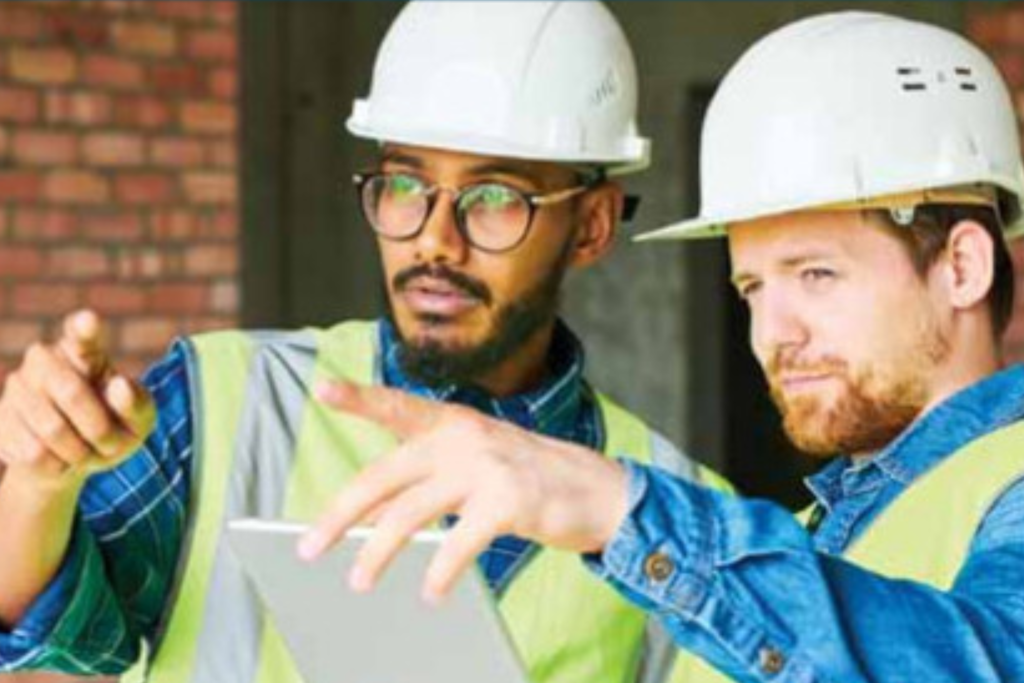 Two construction workers reviewing material at a job site.