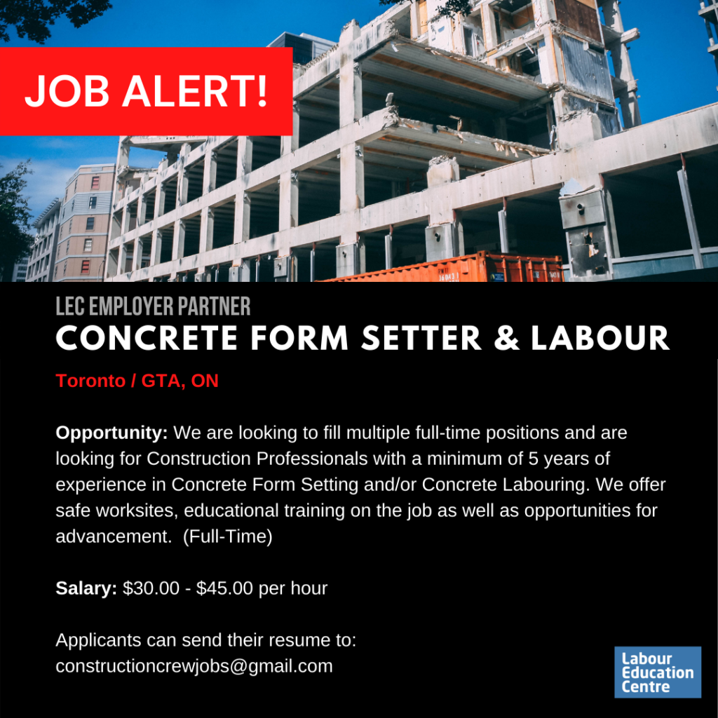 Job Alert poster for Concrete Setter & Labour position