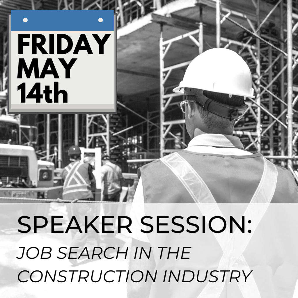 A black and white photo of a construction worker with the text SPEAKER SESSION on Friday, May 14, 2021