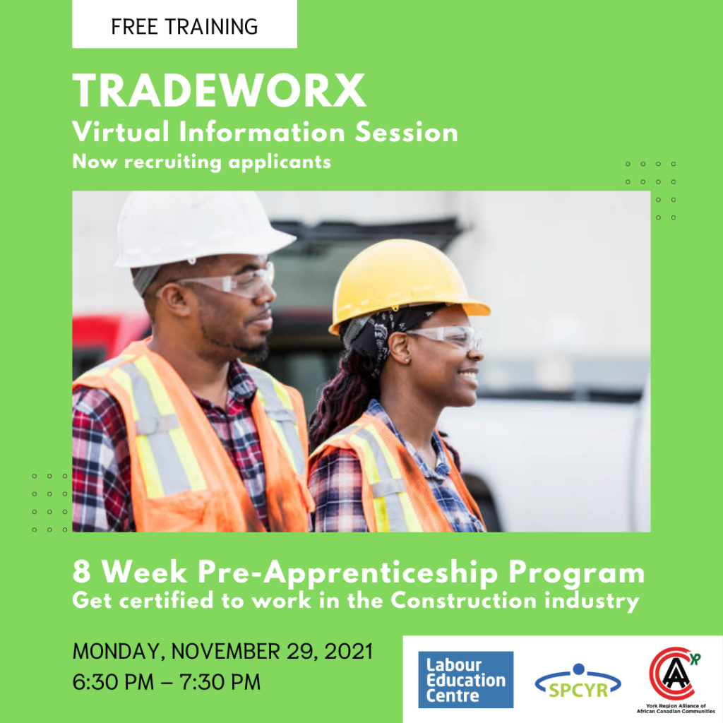 TradeWorx virtual information session poster featuring male and female construction workers