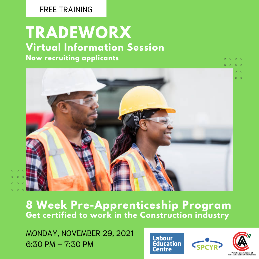 TradeWorx information session poster featuring male and female construction workers