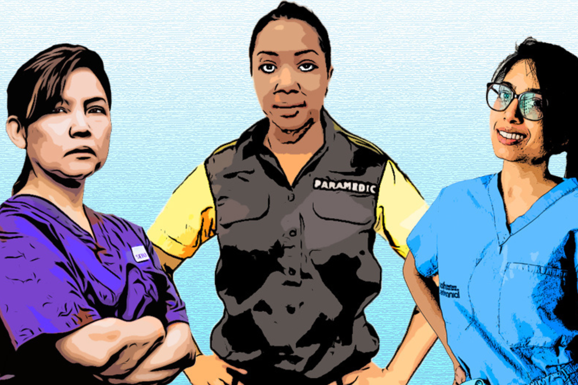 Illustration of 3 women dressed as emergency responders during the COVID-19 pandemic