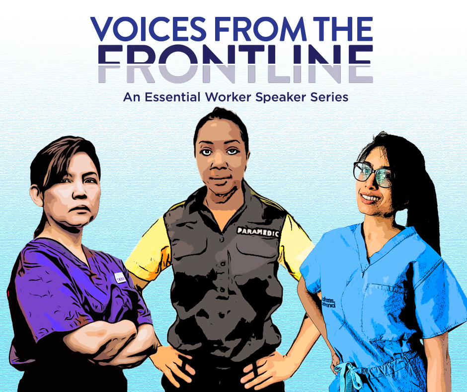 Illustration of three women dressed as frontline responders during the COVID-19 pandemic.